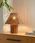 Woven rattan table lamp with conical shade and cylindrical base