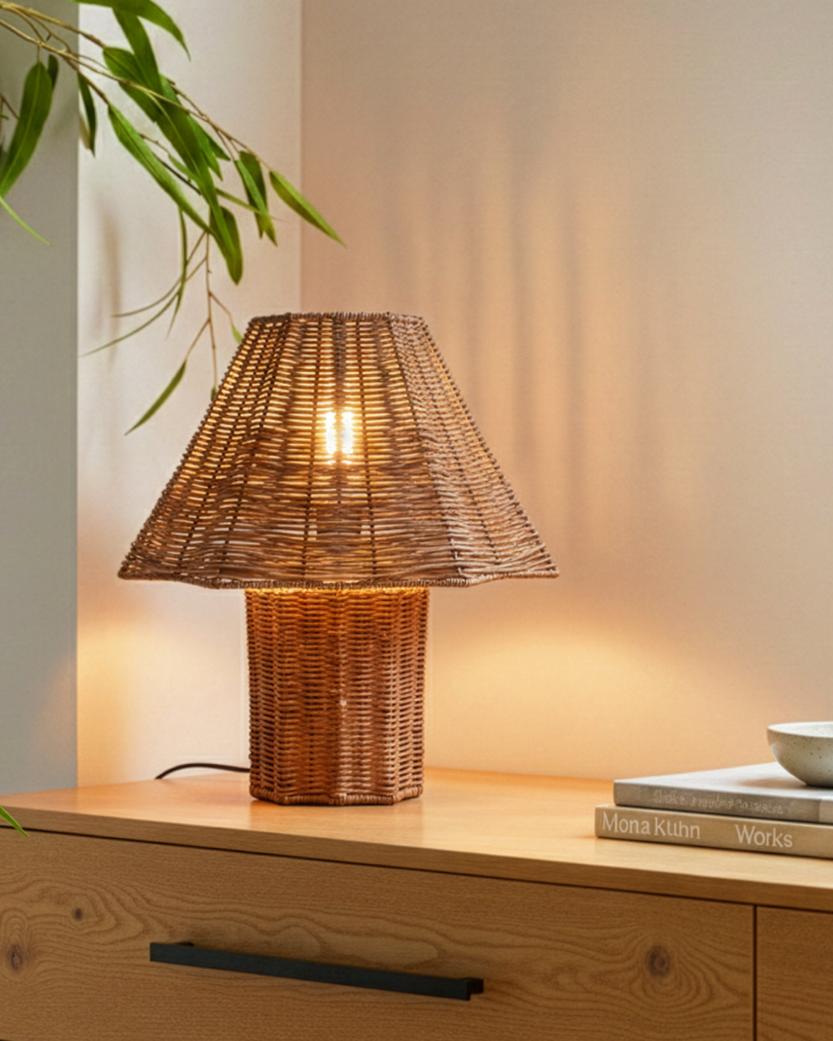 Woven rattan table lamp with conical shade and cylindrical base