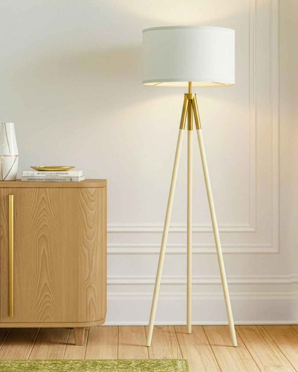 Levi floor lamp with cream fabric shade and three light wood tripod legs with gold base