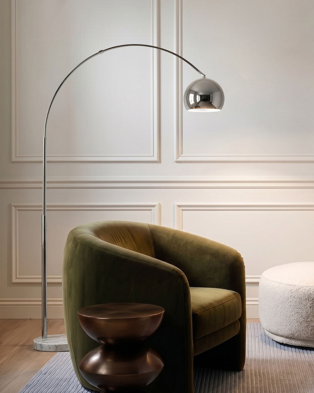 Bronze floor lamp with arched stem and rounded dome shade