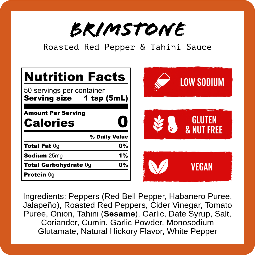 Brimstone hot sauce nutrition facts panel with vegan and low-sodium badges