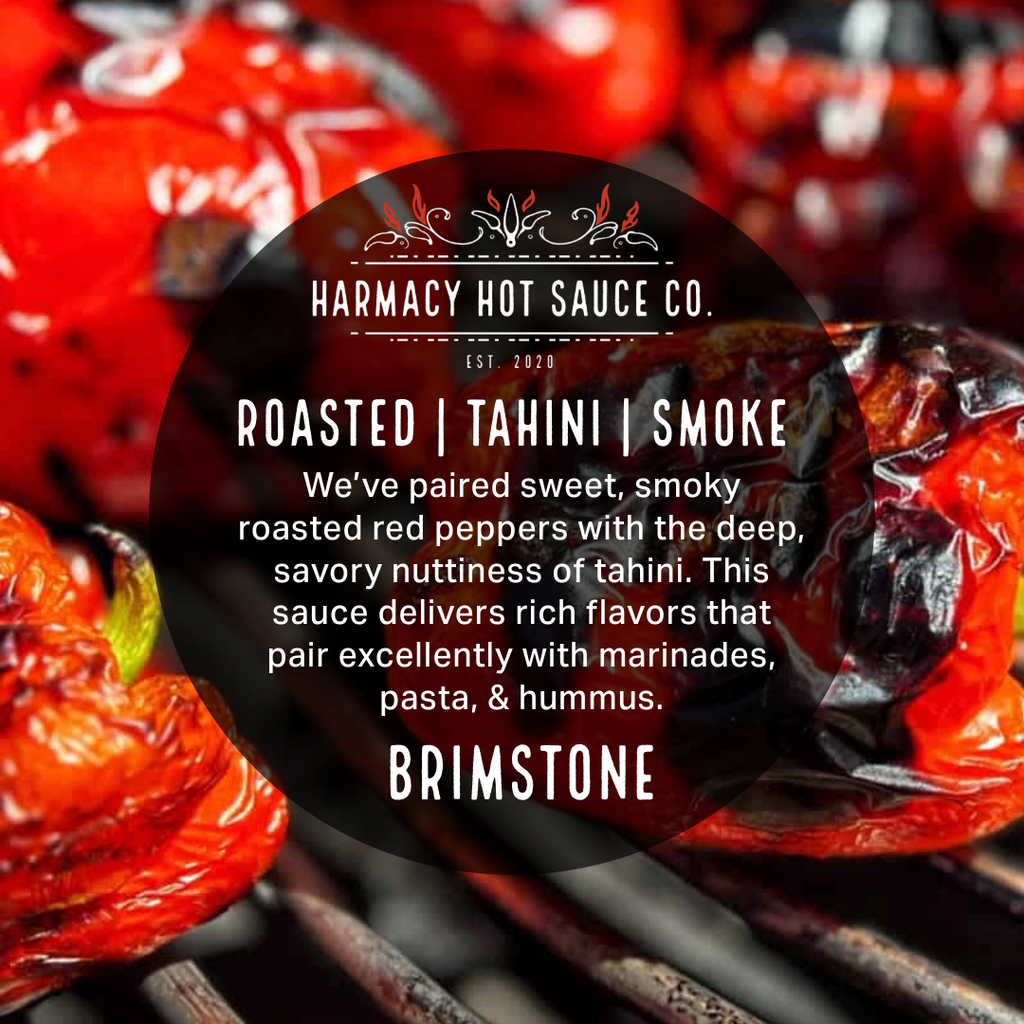 Brimstone hot sauce label on roasted red peppers
