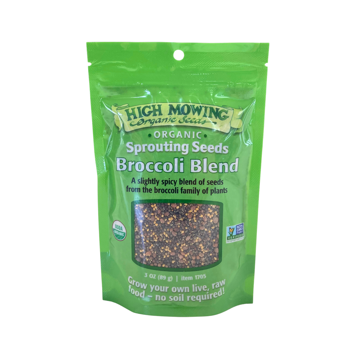 Organic sprouting seeds pouch, Broccoli Blend, green bag with seed window