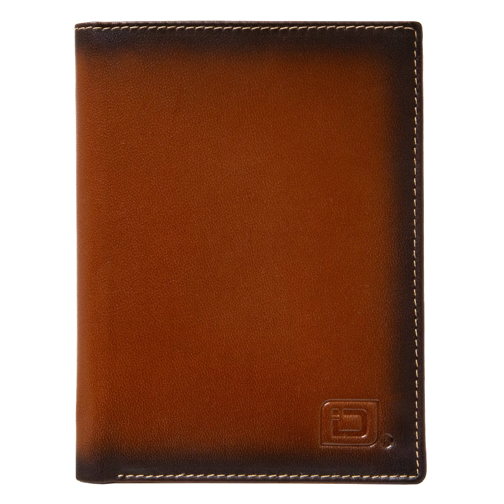 Brown leather passport wallet with embossed logo and contrast-stitched edges, front view.