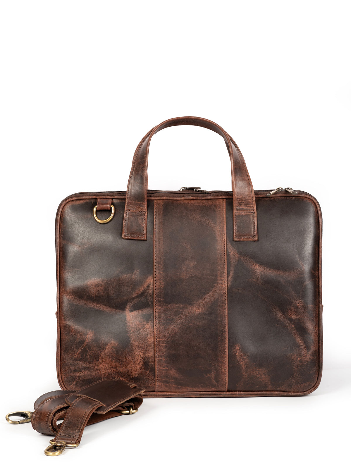 Brown leather laptop briefcase with crossbody shoulder strap and front panel seam