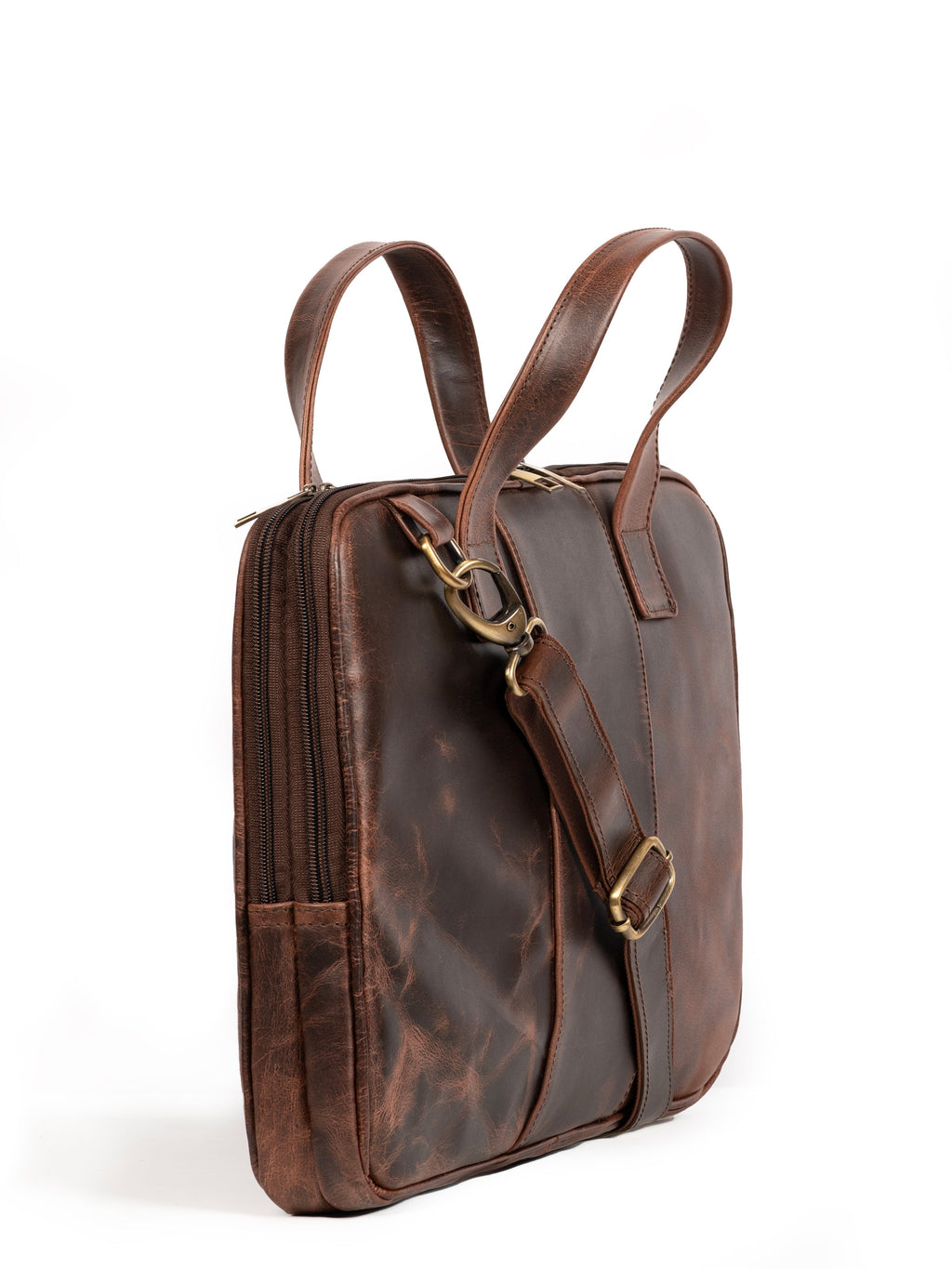 Brown leather briefcase with side zip pocket and dual carry handles