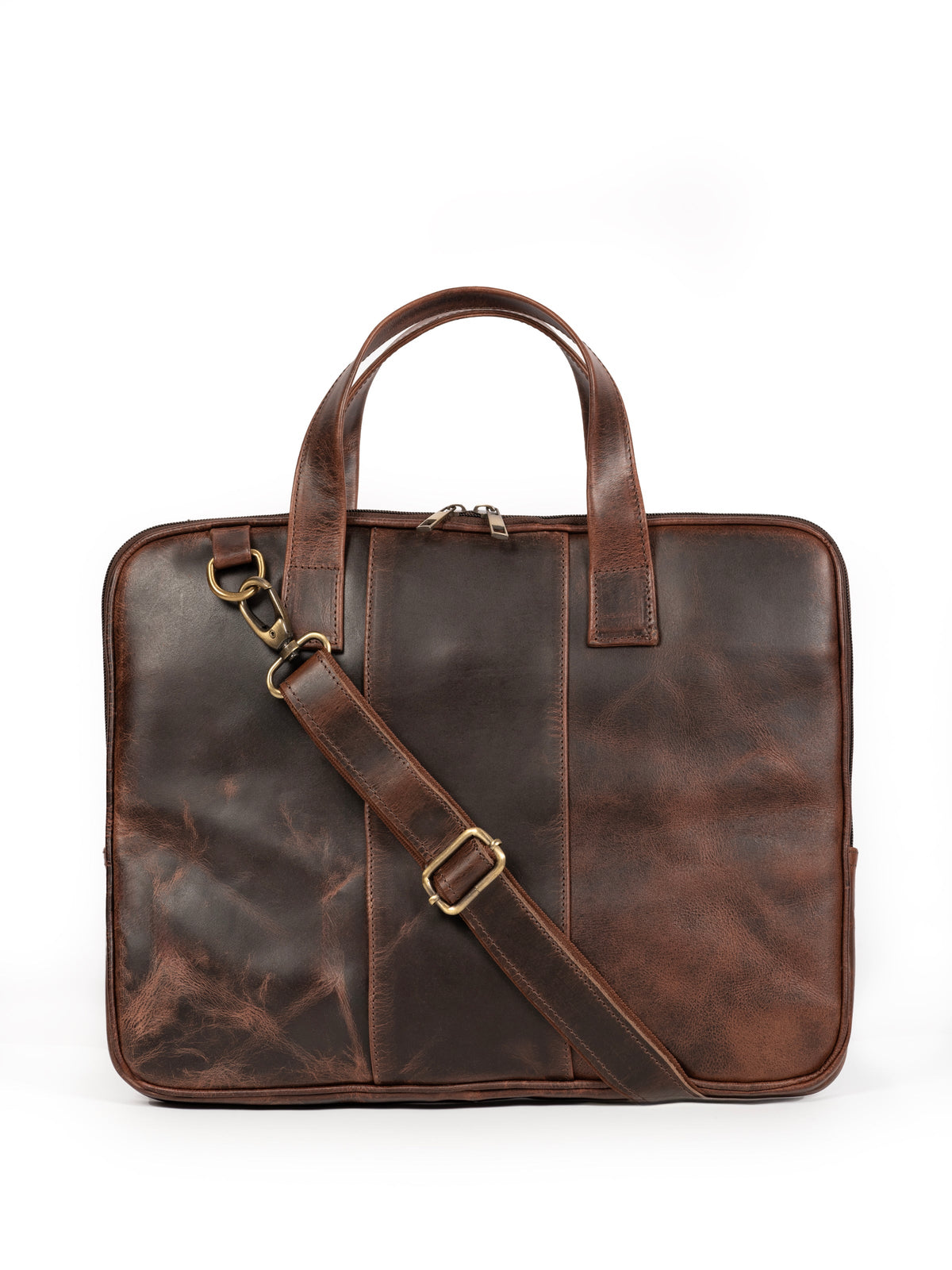 Brown leather laptop briefcase with brass-tone hardware, top handle, and shoulder strap