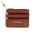Brown zippered pouch with 3 zippers and gold keychain ring