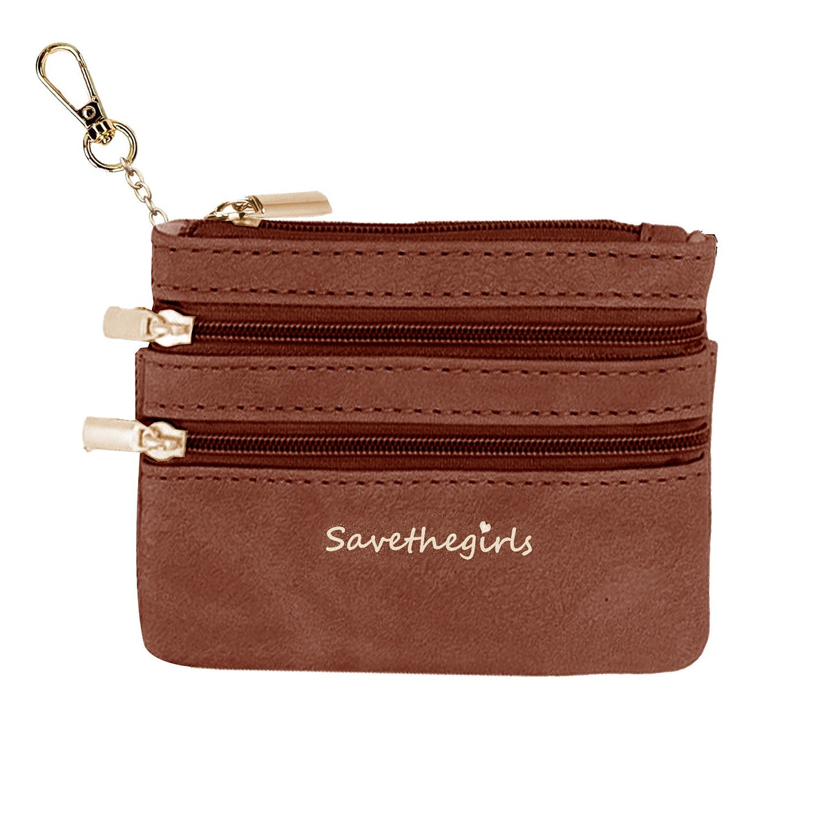 Brown zippered pouch with 3 zippers and gold keychain ring