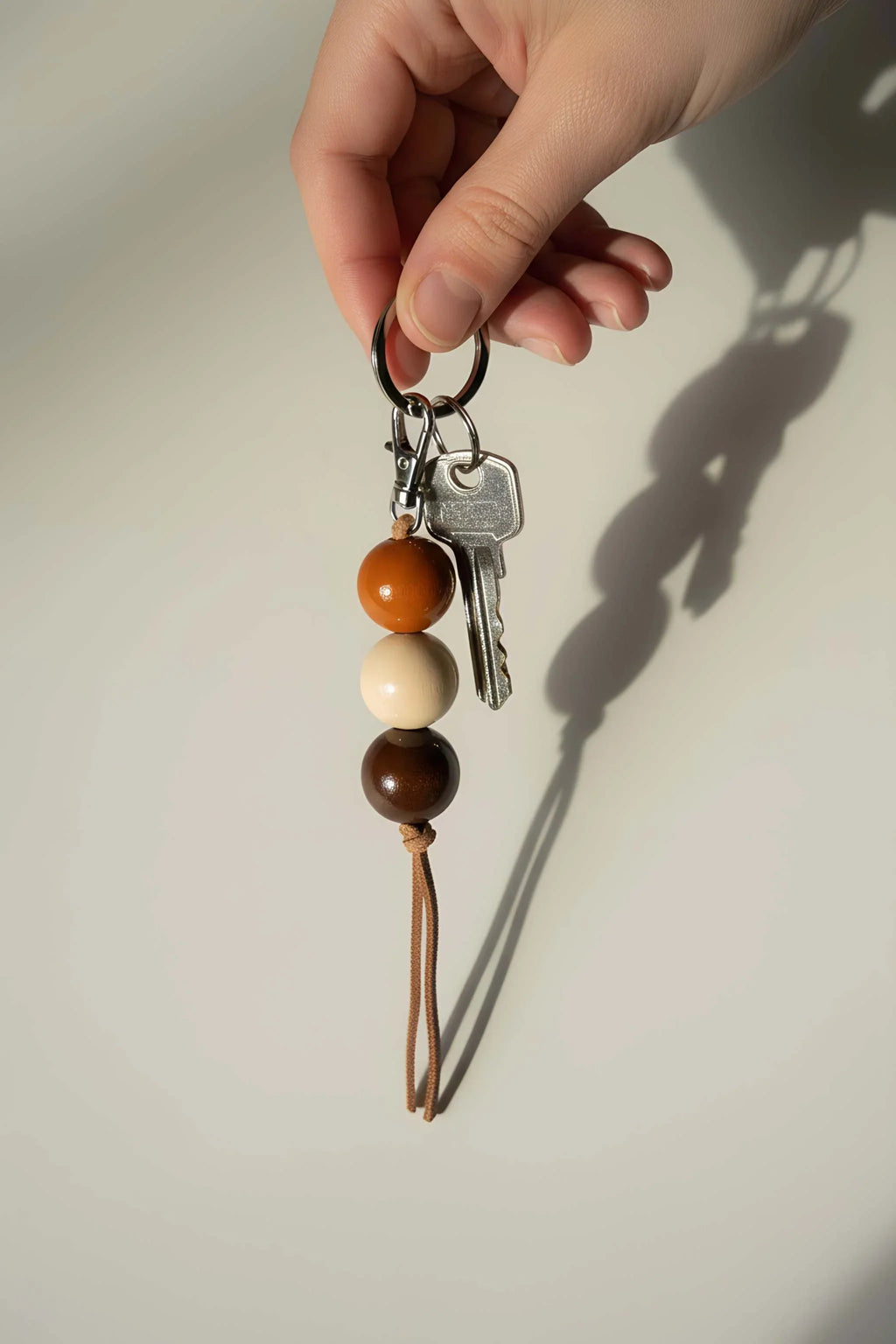 Handmade ceramic keychain with dark brown, cream, and orange beads plus tassel keyring