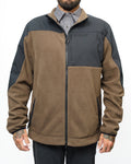 Men's two-tone fleece zip-up jacket, brown body with dark charcoal panels.