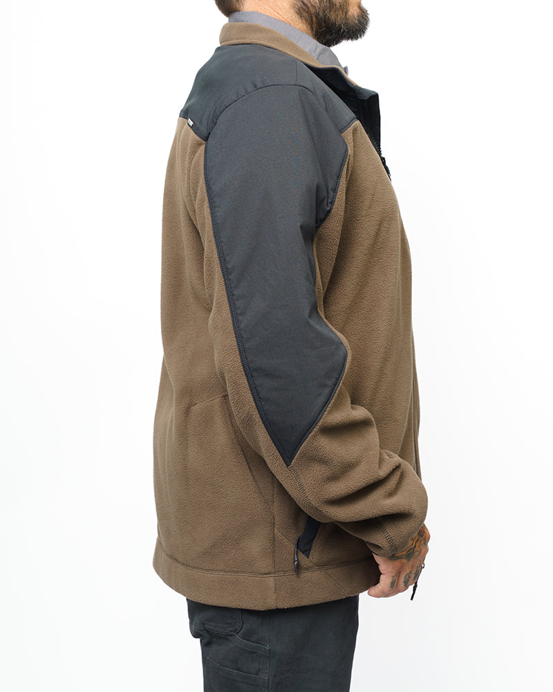 Fleece zip-up jacket back view, brown with dark charcoal shoulder and side panels.