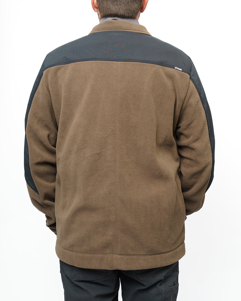 Back view of two-tone fleece zip-up jacket in brown with dark charcoal yoke.