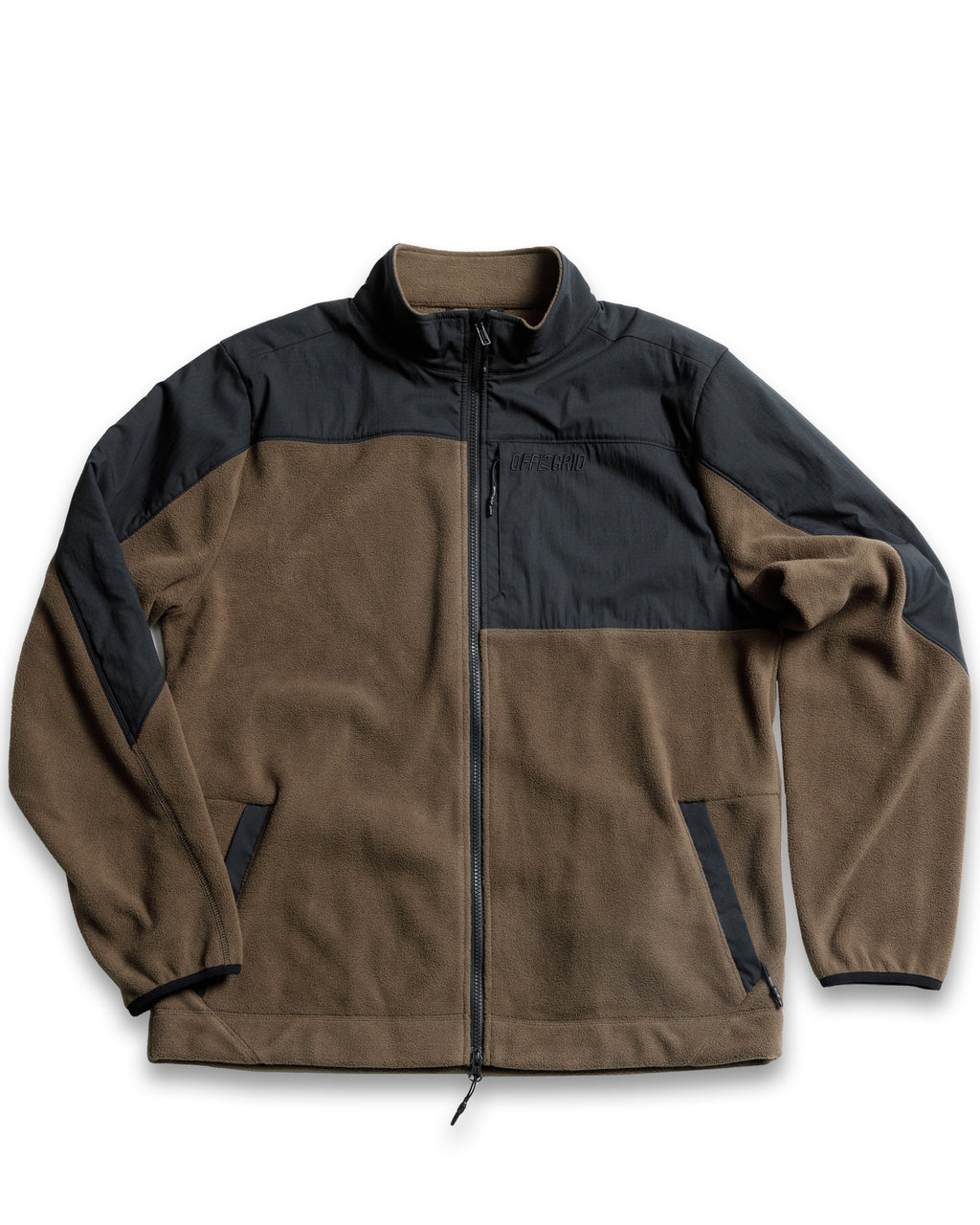 Fleece zip-up jacket in brown and dark charcoal, full front zipper.