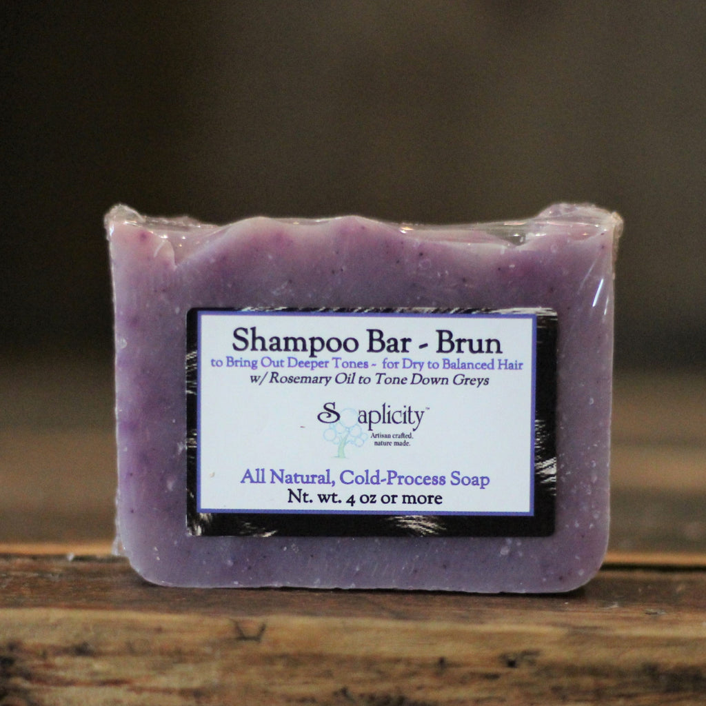 Purple shampoo bar soap with front product label, all-natural cold-process