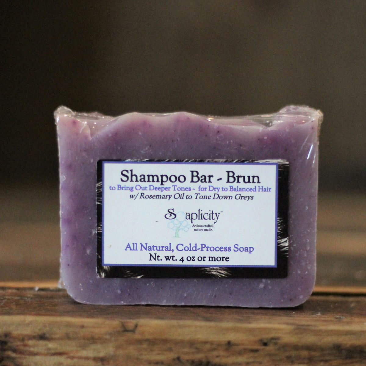 Purple shampoo bar soap with front product label, all-natural cold-process