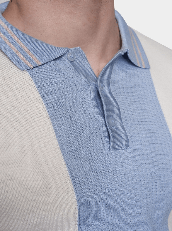 Light blue knit polo collar and button placket with striped edge trim