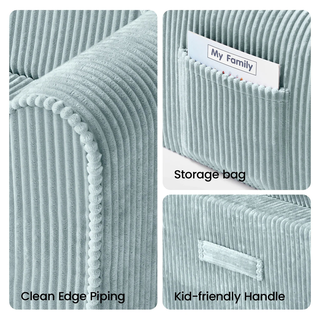 Teal corduroy kids sofa close-up with clean piping and storage bag handle detail