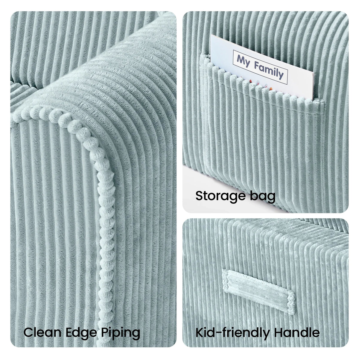 Teal corduroy kids sofa close-up with clean piping and storage bag handle detail