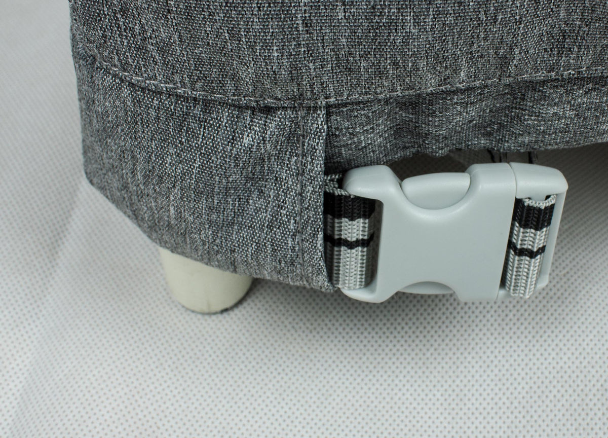 Grey sun bed cover with adjustable grey clasp strap and stitched edge seam