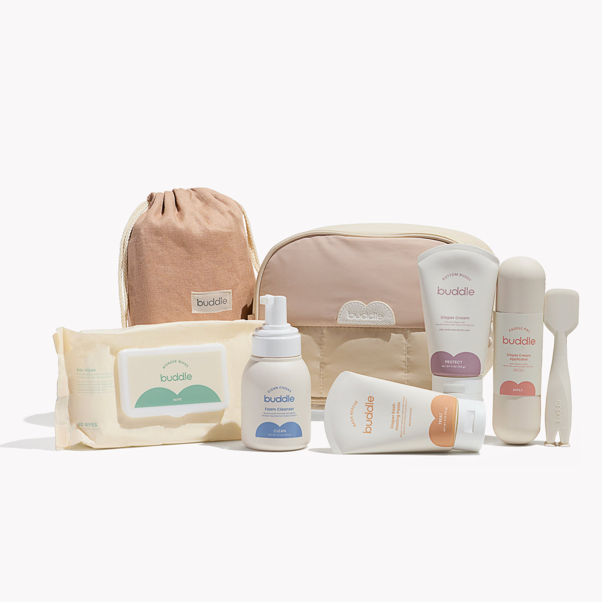 Diaper rash kit with drawstring pouch and assorted buddle skincare bottles and tubes