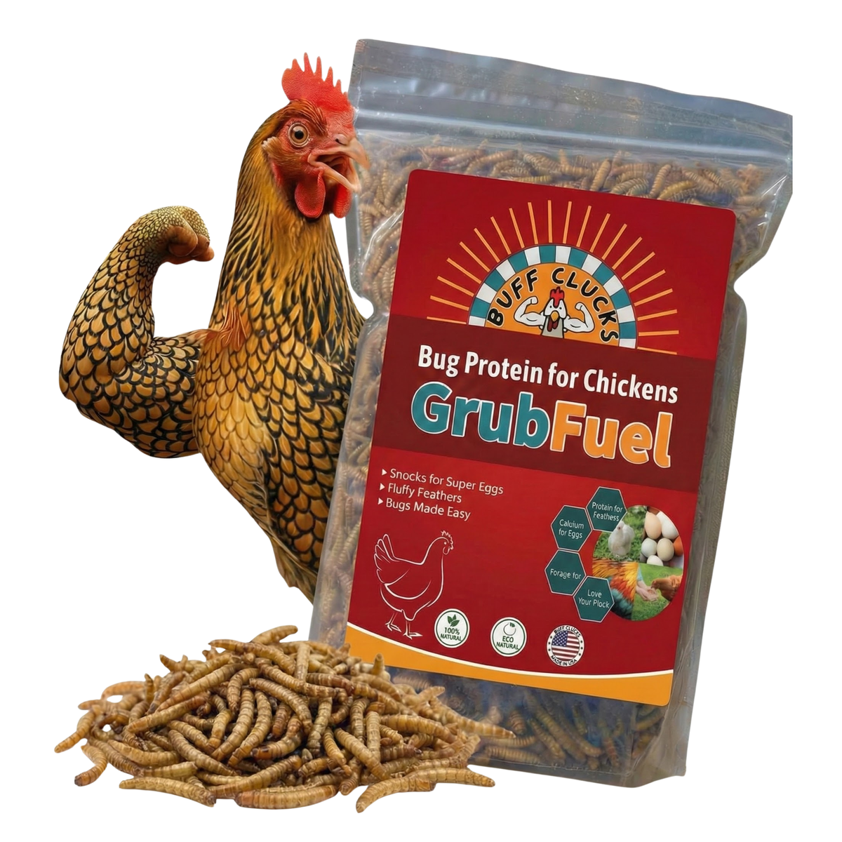 GrubFuel bug protein for chickens in clear pouch, with dry larvae scattered.