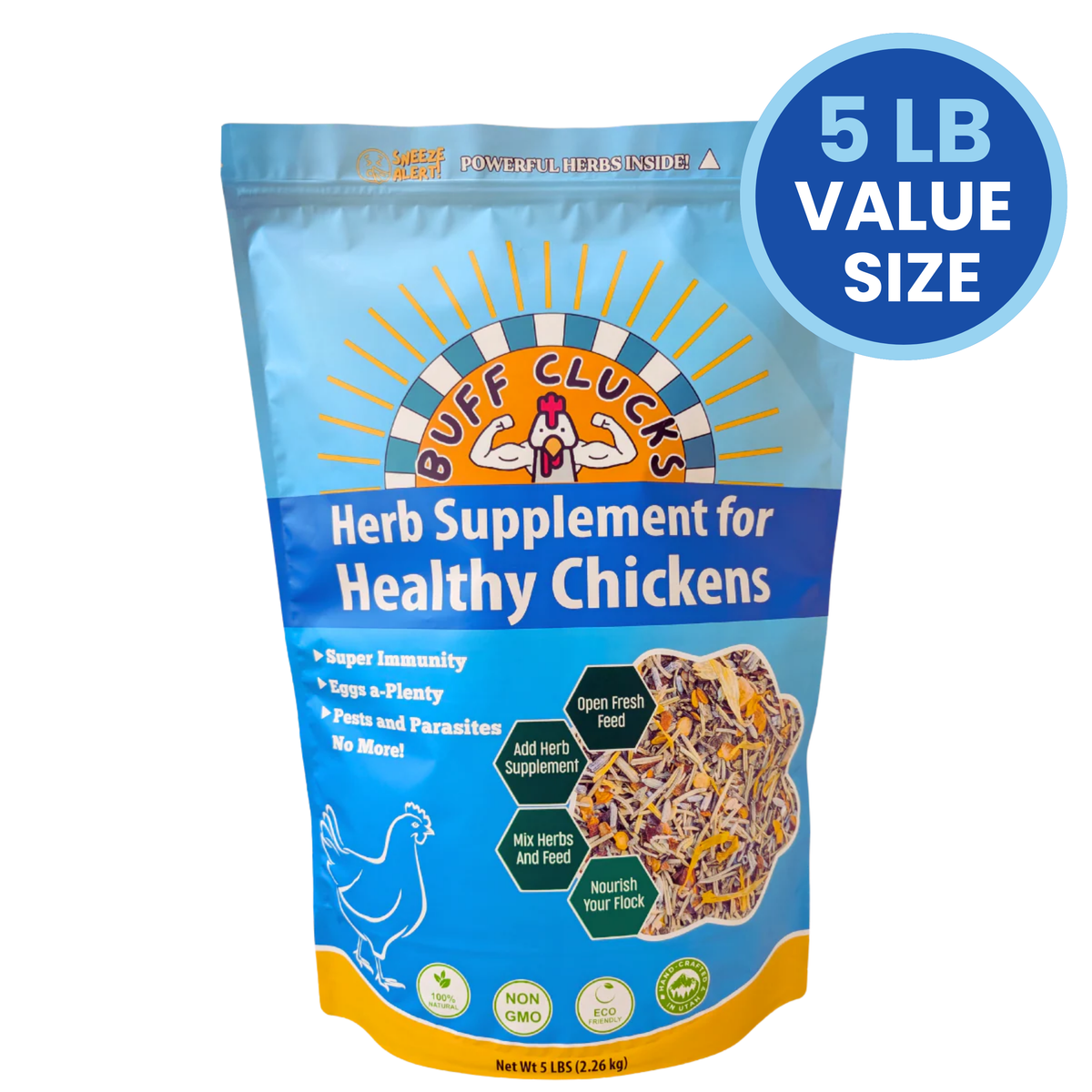 Herb supplement pouch for healthy chickens, blue and yellow, front view with 5 lb value size