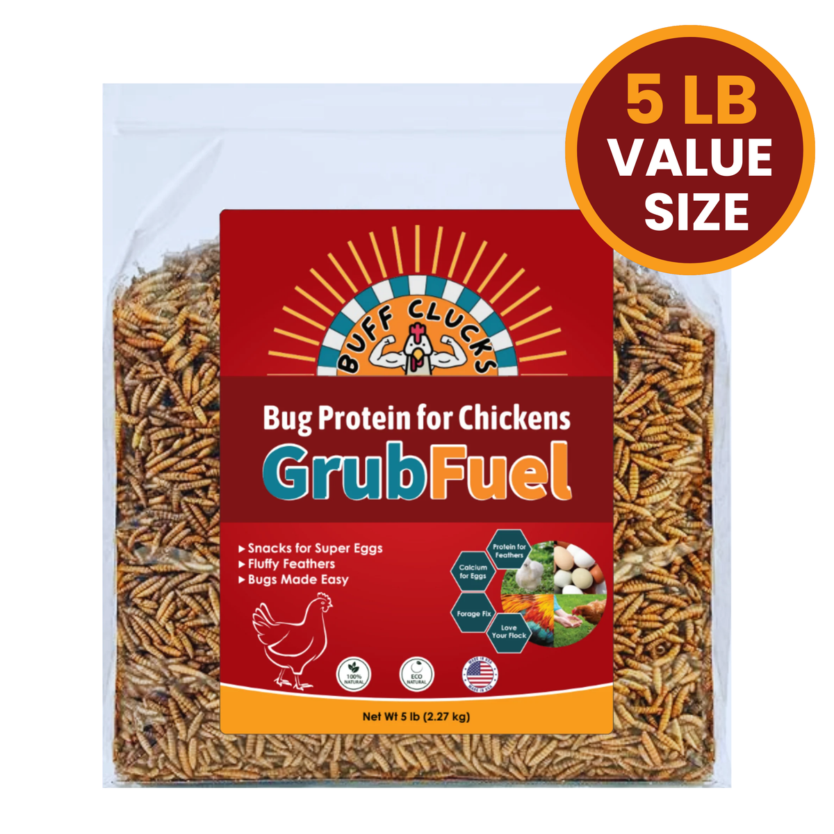 GrubFuel 5 lb bug protein bag for chickens, filled with dry larvae.