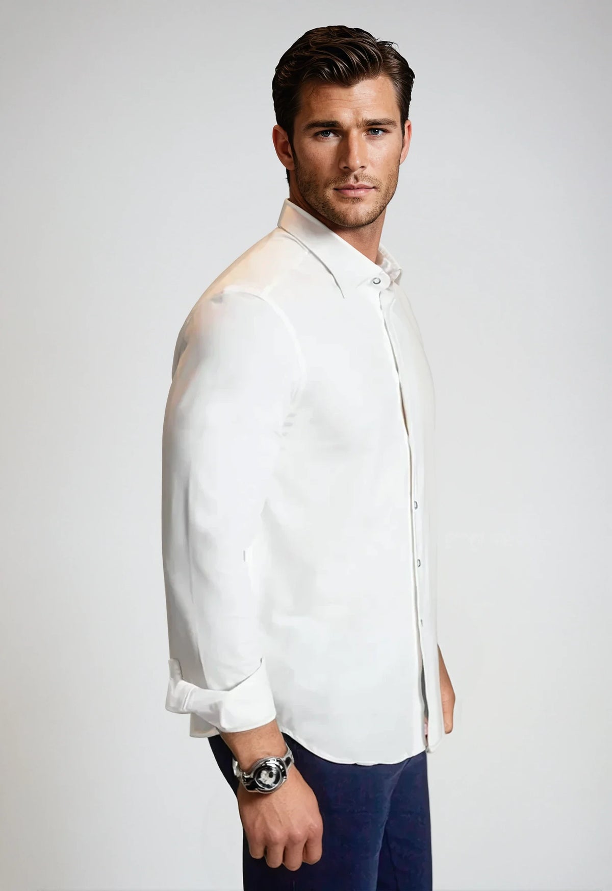 White button-front long-sleeve shirt, side profile with pointed collar