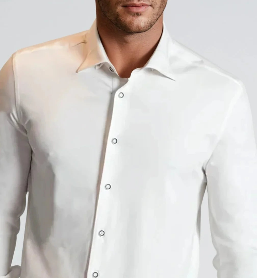 Close-up of white button-front shirt collar and button placket
