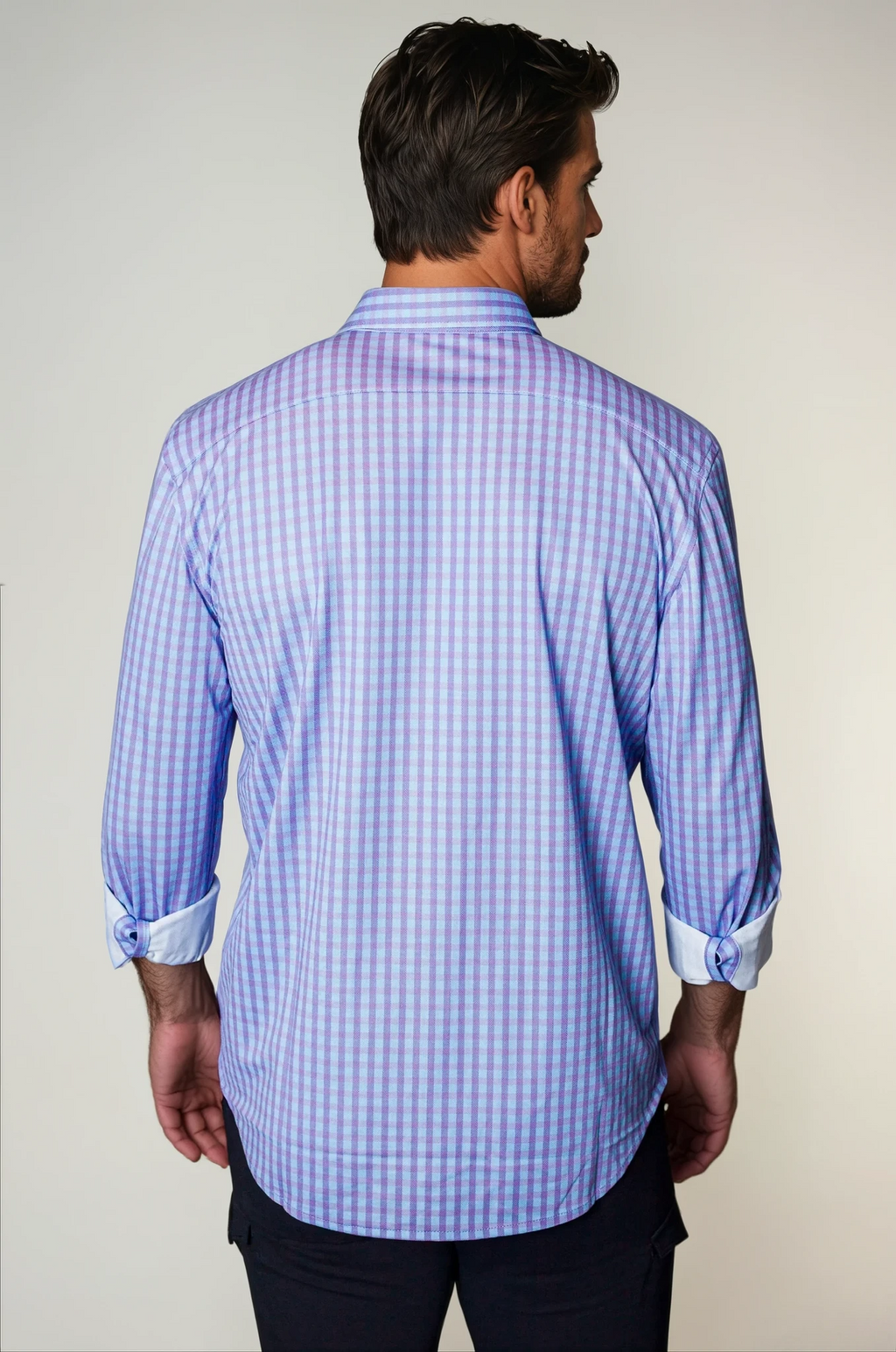 Purple check long sleeve tech shirt, back view with yoke seam