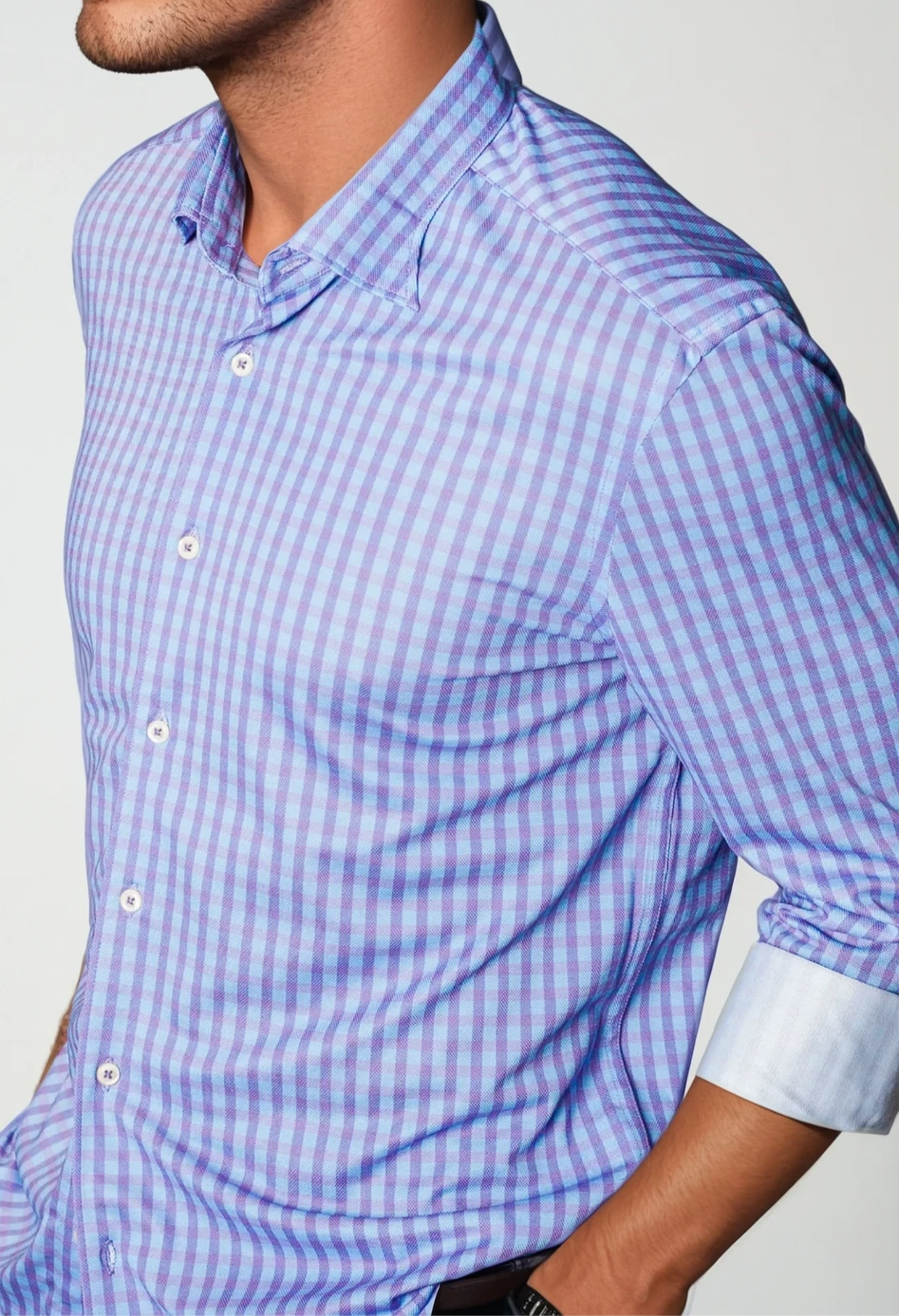 Purple check long sleeve tech shirt detail: spread collar and button placket