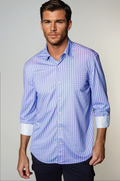 Purple check long sleeve tech shirt with button front and buttoned cuffs