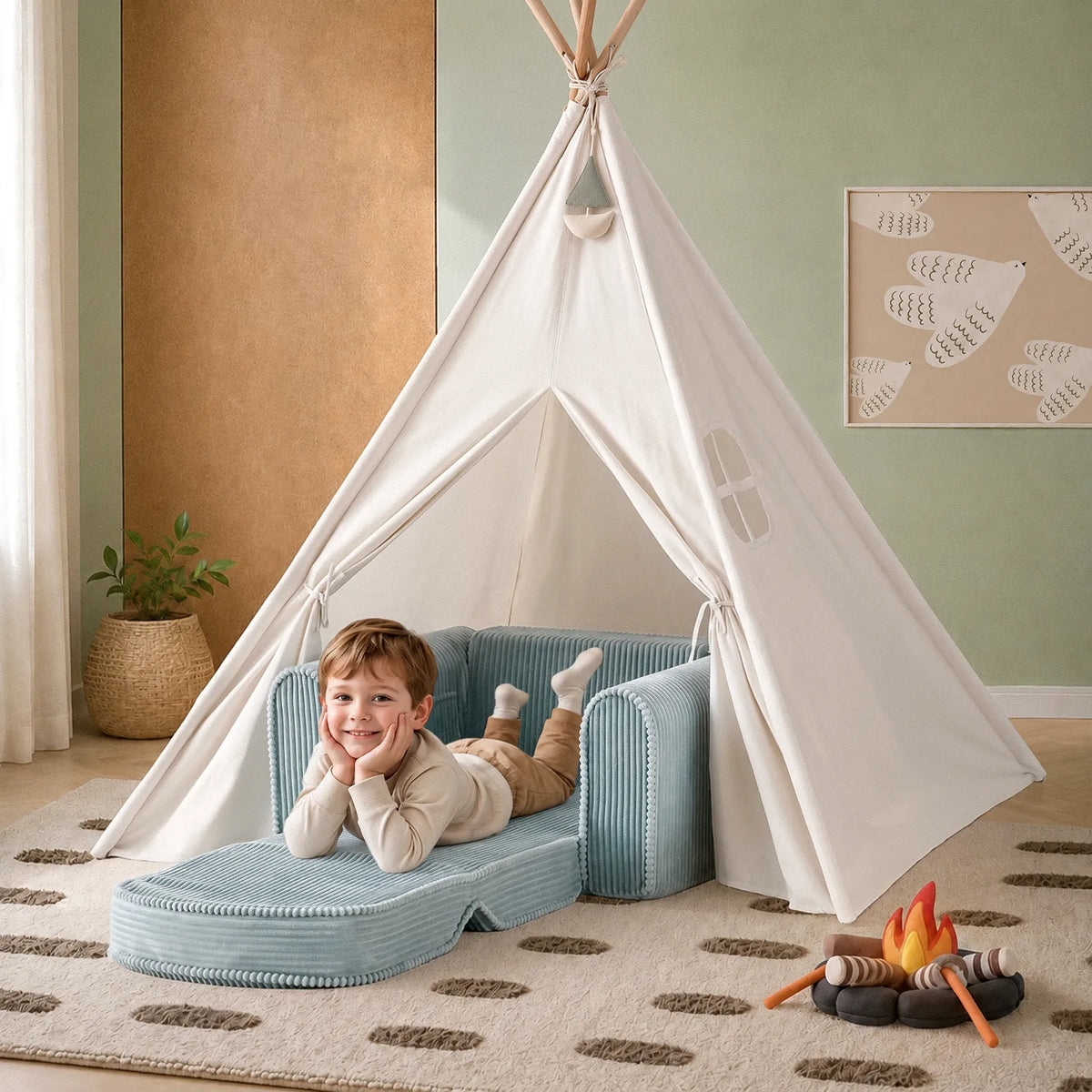 Teal corduroy kids chair with rounded back, styled under a white play tent