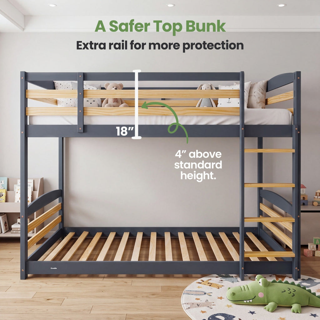 Gray twin-over-twin bunk bed with full-length top guardrail and ladder.