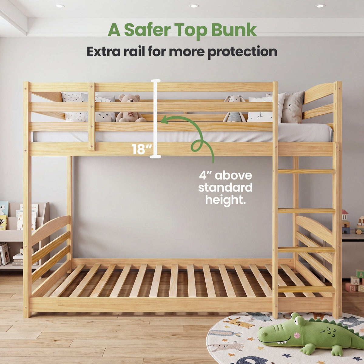 White top bunk with added safety rail and visible mattress deck slats