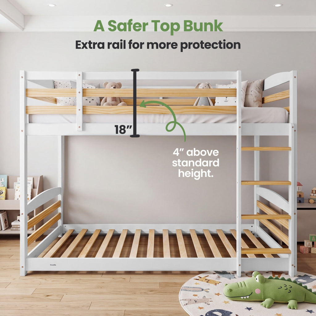 White twin-over-twin bunk bed with ladder and top guardrail.
