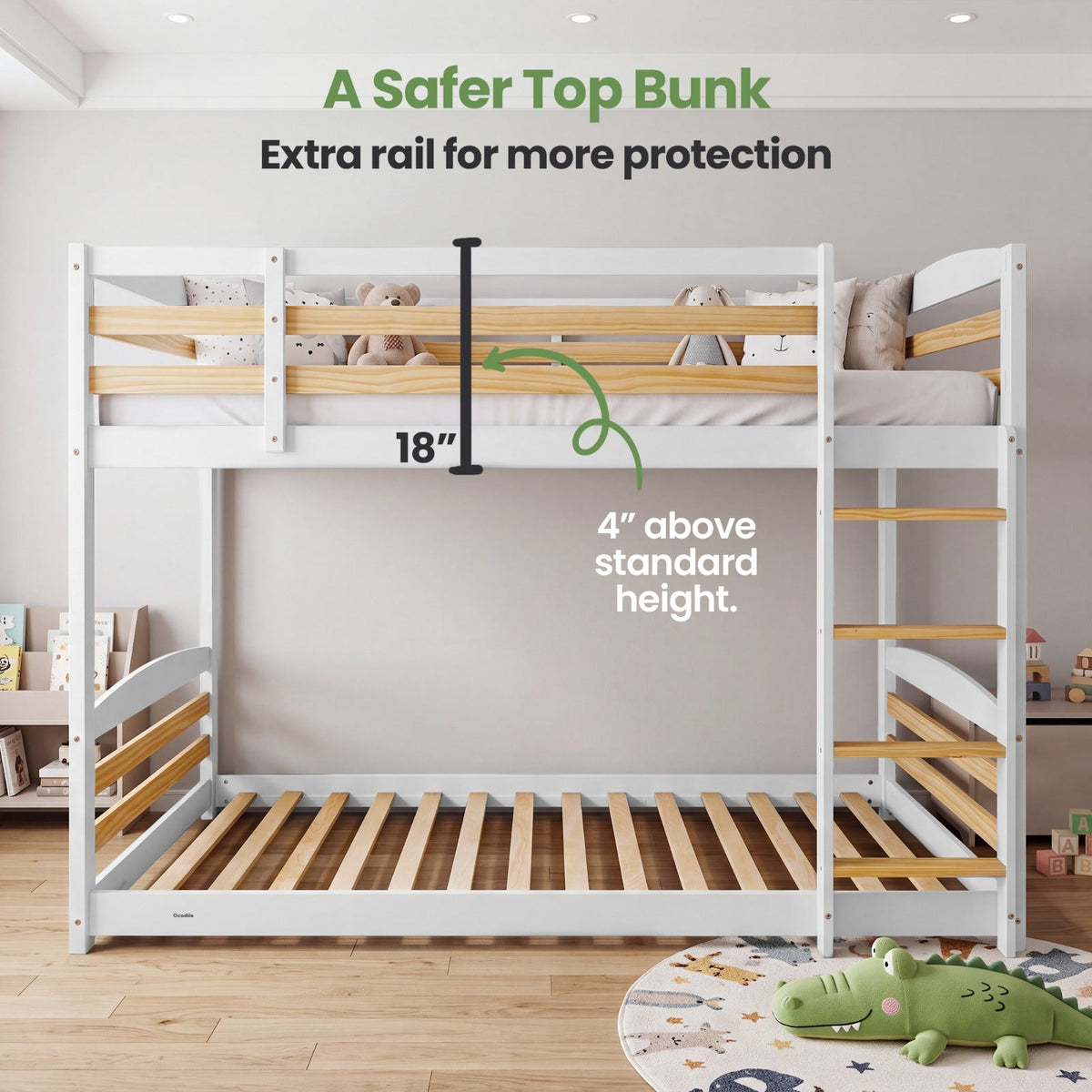 White twin-over-twin bunk bed with ladder and top guardrail.