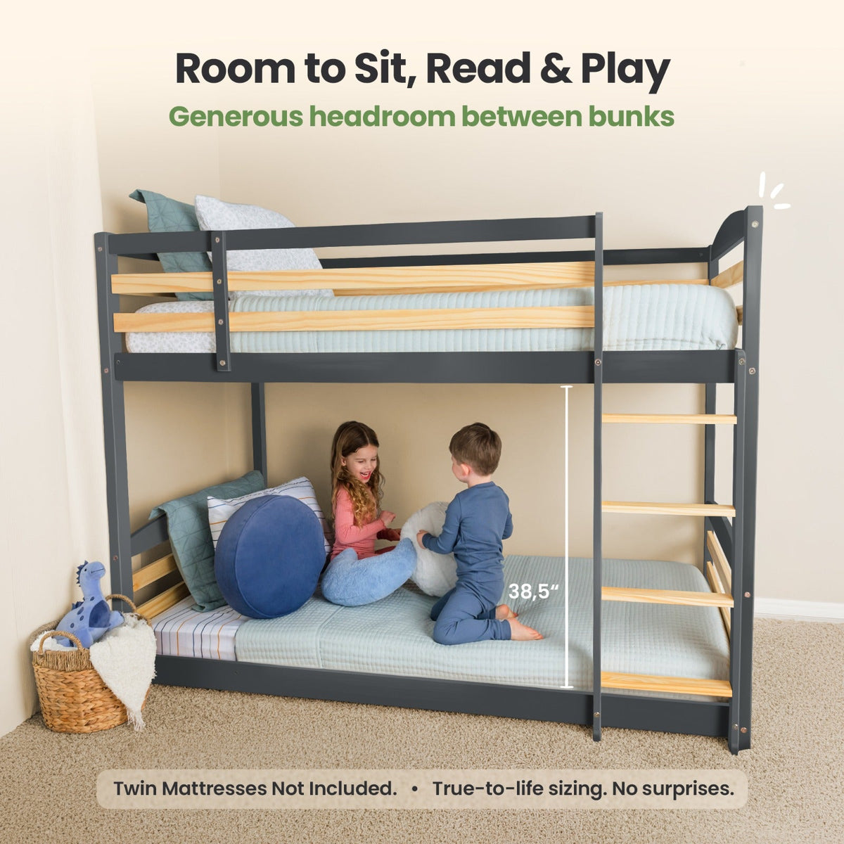 Gray twin-over-twin bunk bed with lower and upper bunks, ladder, and guardrails.