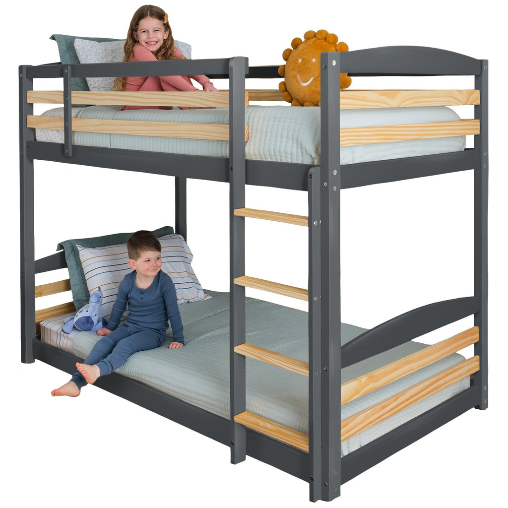 Gray twin-over-twin bunk bed with ladder, guardrails, and slat rails.