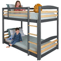 Gray twin-over-twin bunk bed with ladder, guardrails, and slat rails.
