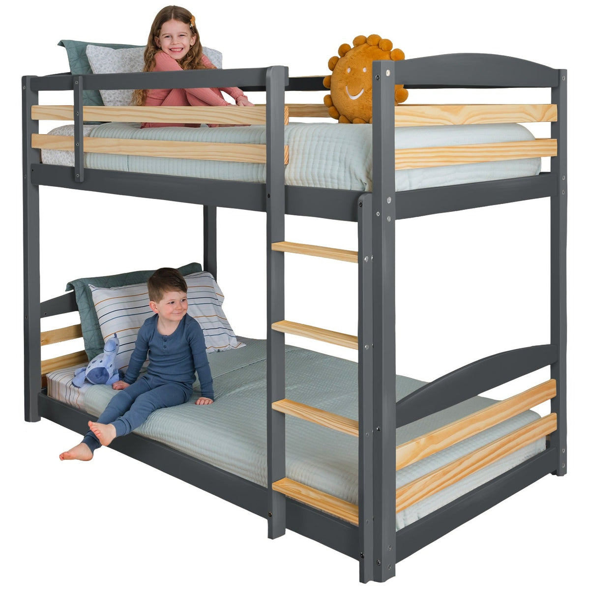 Gray twin-over-twin bunk bed with ladder, guardrails, and slat rails.