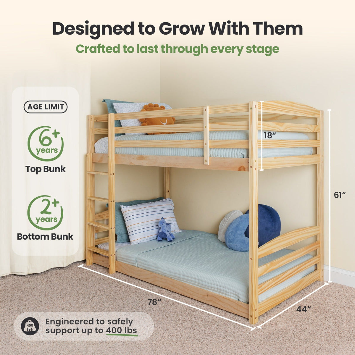 Light natural wood twin over twin bunk bed with ladder and protective rails