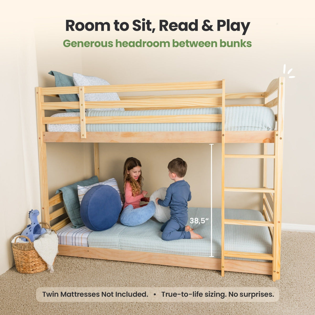 Natural wood twin over twin bunk bed with ladder and open area below