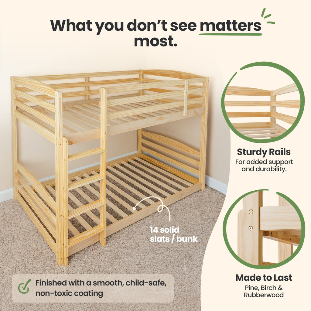 Natural wood bunk bed with sturdy rails and solid slats for twin bunks