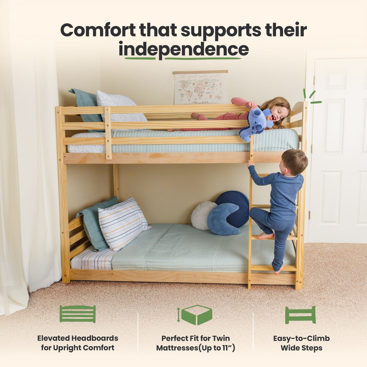 Natural wood twin over twin bunk bed with ladder and two stacked sleeping decks