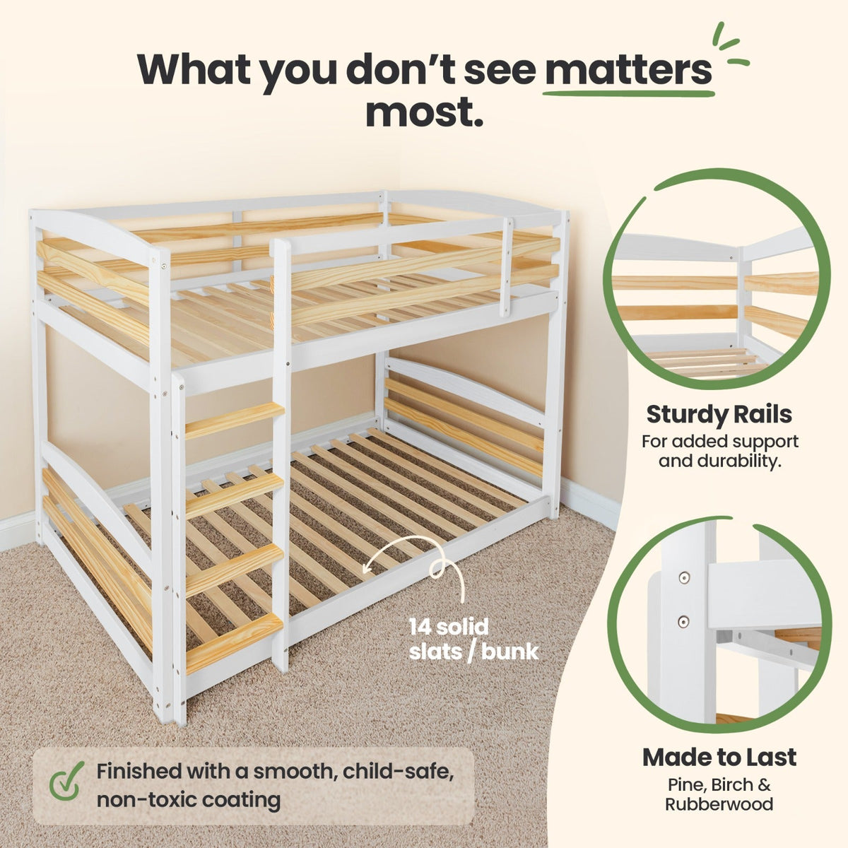 White bunk bed showing solid slats and sturdy side rails for twin bunks