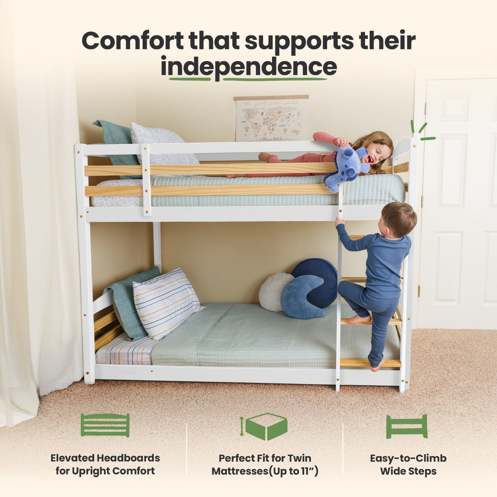 White twin over twin bunk bed with two-tier platform and ladder access