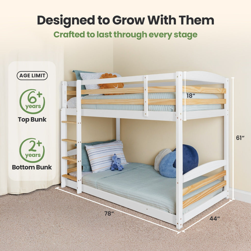 White solid wood twin over twin bunk bed with top and bottom guardrails