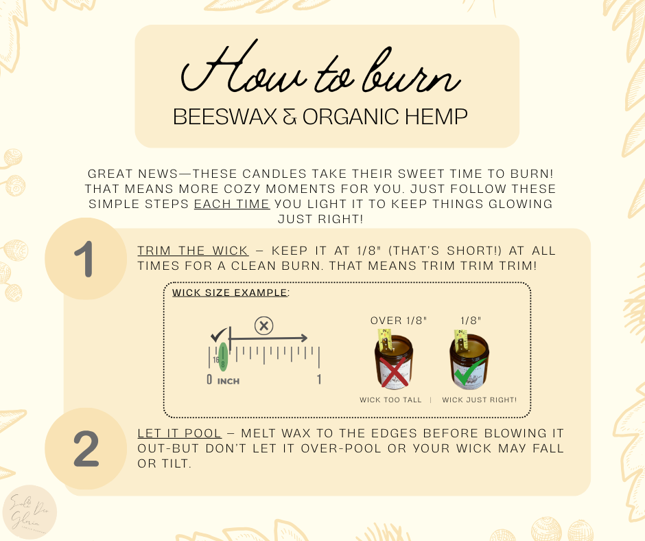 Beeswax candle care instruction card with wick-trimming and melt-pool steps
